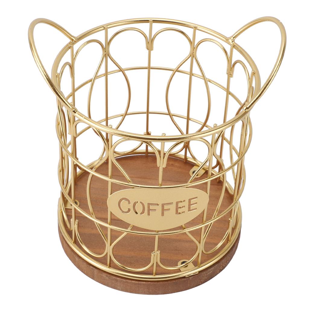 Coffee Pod Basket Decorative Round Wire Coffee Capsule Holder with Wooden Base for Cafe Kitchen Countertop