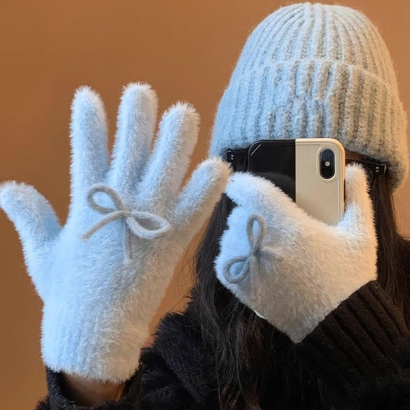 Plush Cute Butterfly Knot Knitted Gloves For Women In Winter, Anti Freeze Cycling Warmth Gloves Five-Finger Gloves