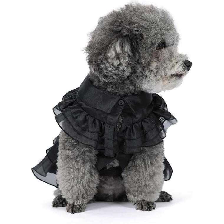 Pet Dog Cat Wednesday Dress Addams Costume Cosplay Cute Puppy Kitten Black Coat Clothes with Belt Halloween Party Dress Up Pretend Play for Small