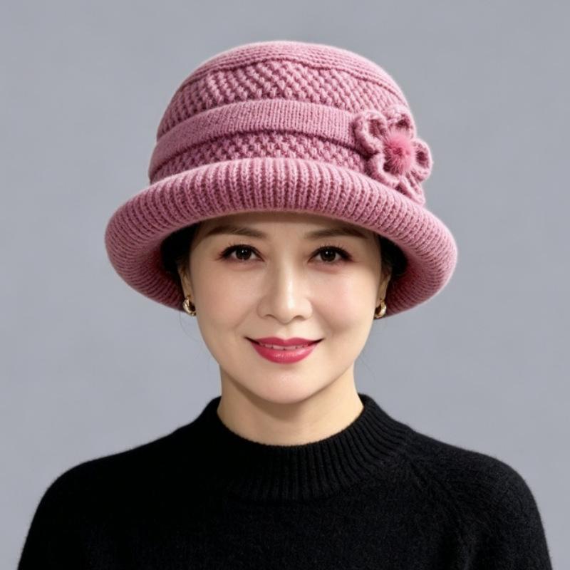 Middle-aged and elderly warm wool hat women's fashion versatile mother basin hat fleece ear protection hat winter cold-proof knitted hat