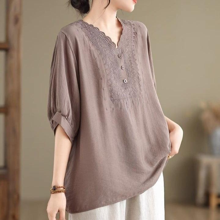 Women's Cotton Linen T-shirt  Summer Retro Loose V-neck  Plus Size Blouse Soft and Skin-friendly Blouse