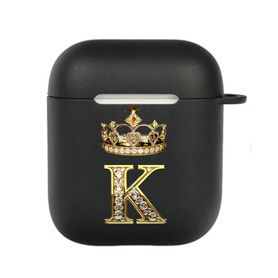 Diamond Crown Letter 26 With Hook Case For AirPods 2 3 1 Cases For Apple AirPods Pro 2 Coque Black TPU Soft Earphone Cover