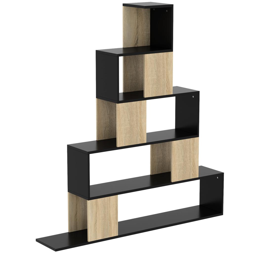 Storage Shelf, Geometric 5-Tier Bookcase, Black and Natural Wood