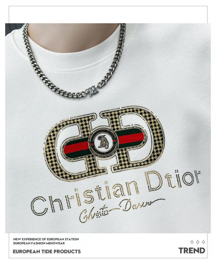 European Fashion Men's Long Sleeve Autumn/Winter Round Neck Sweater - White Casual with Hot Diamond Embossed Design