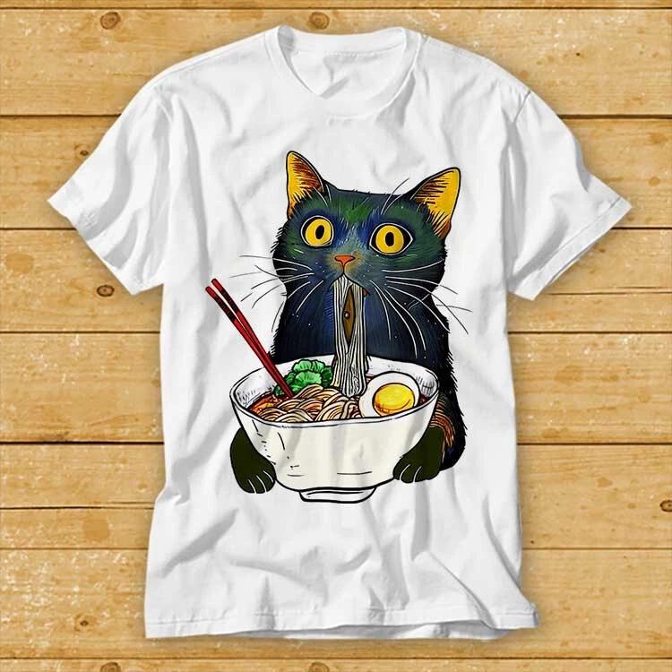 Raunisex Noodle Black Cat Foodie Lover Best Seller Gift Meme Tee T Shirt 2484 S