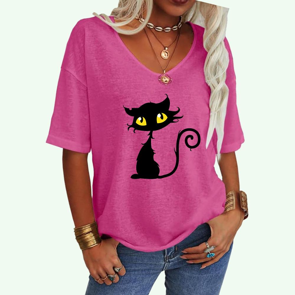 

Женская мода V-образный вырез свободная футболка повседневный топ с принтом кота женская футболка с коротким рукавом XXL розовый