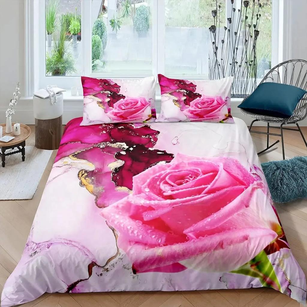 Růžová sada povlečení pro ženy Elegantní fialový květinový potisk Ložní sada Romantické květiny Třpytky King Size povlak na přikrývku Pro páry