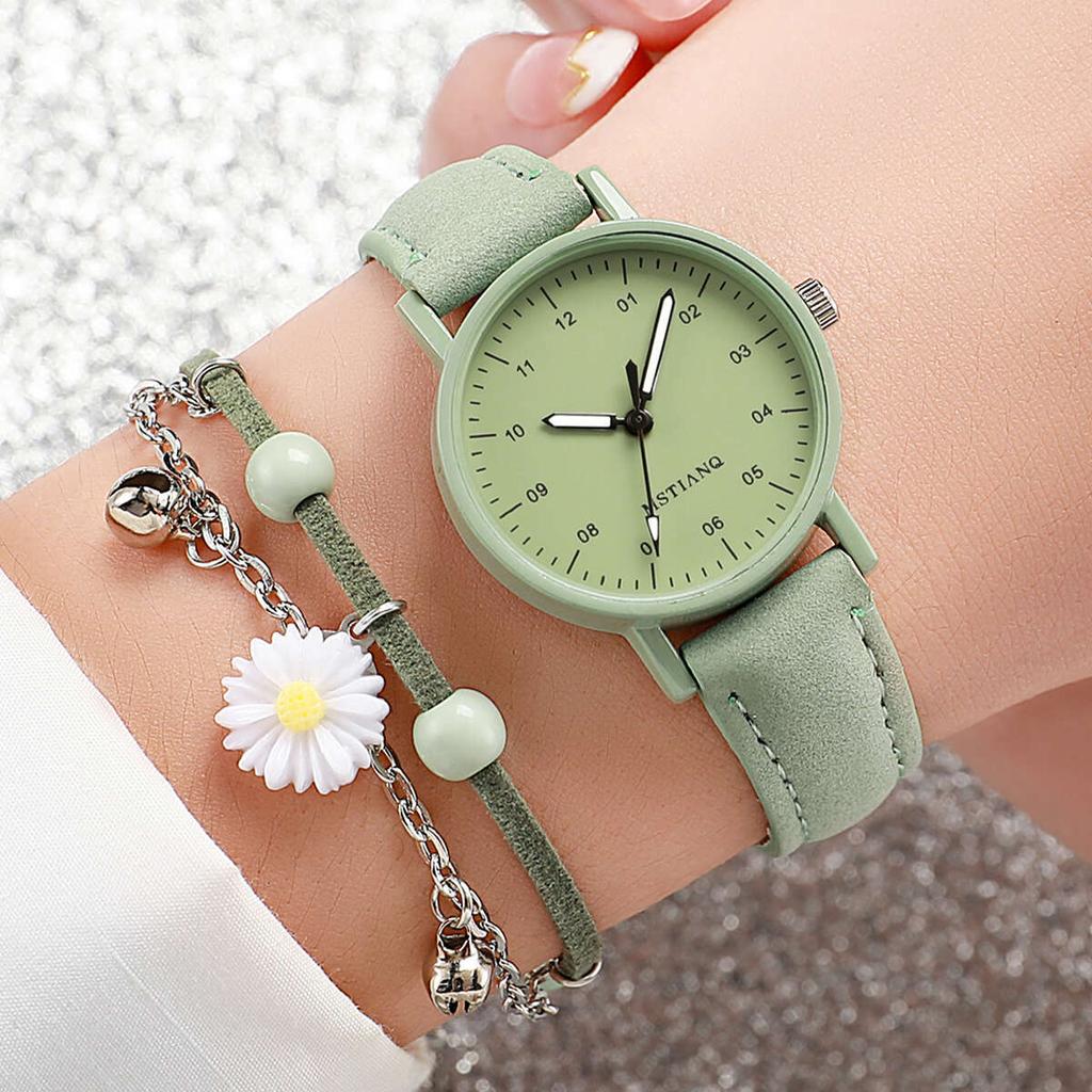 6PCs/Set Women's Retro Watch Set Fashion Simple College Style Student Quartz Leather Watch With Bracelet Set (Box Not Included)