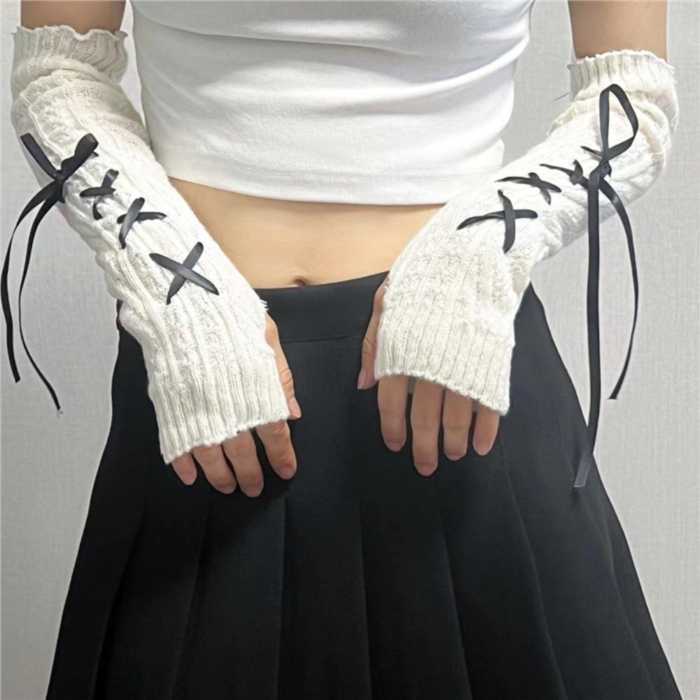 

New Thicken Arm Sleeves Bowknot Solid Color Knitted Gloves Y2K Soft Arm Warmers Female чёрный