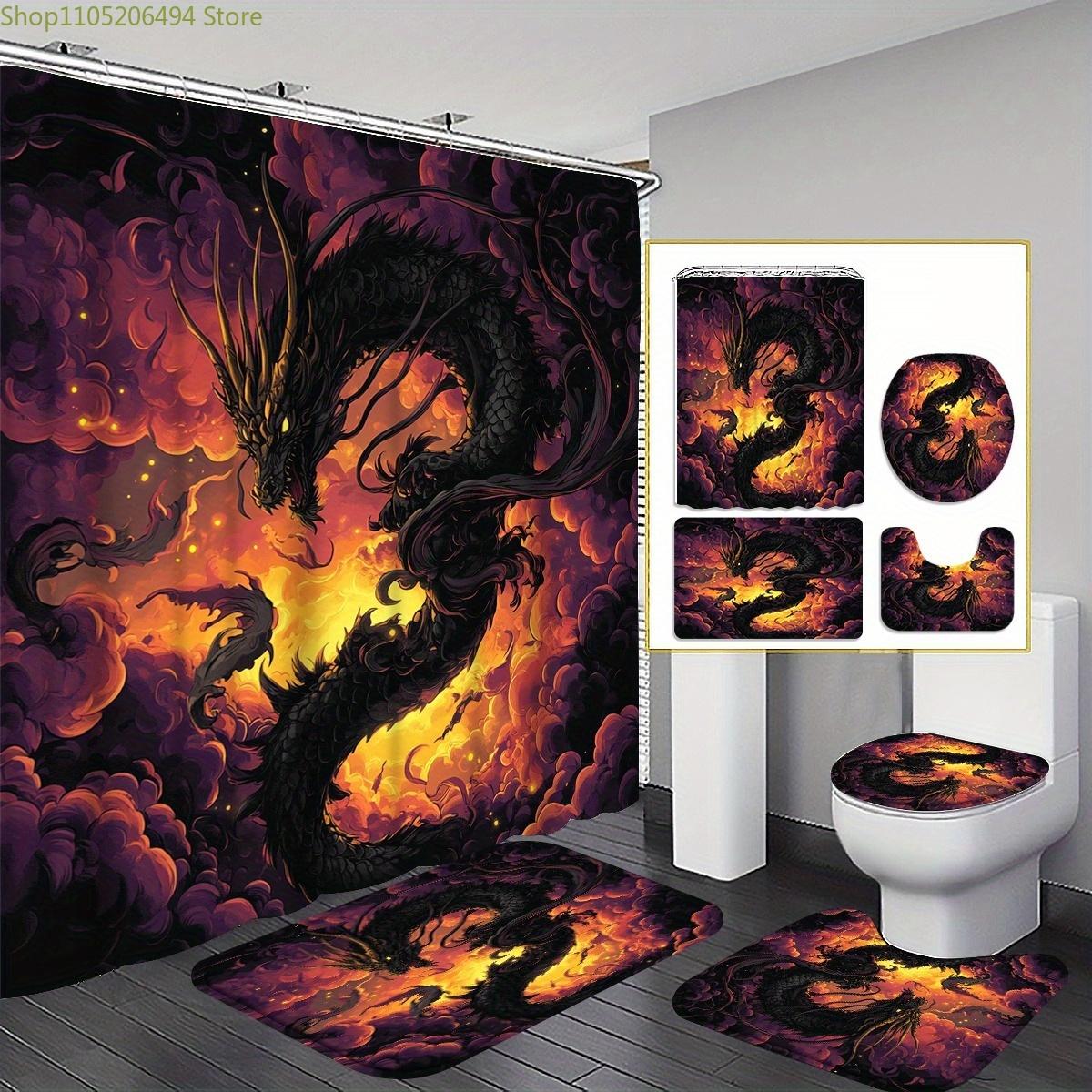 1/3/4 шт. Набор штор для душа с драконами и ковриком для ванной, U-образным ковриком и чехлом на унитаз - Высококачественная штора для ванной 180x180 см с 12 крючками, Pu 4pcs-Set