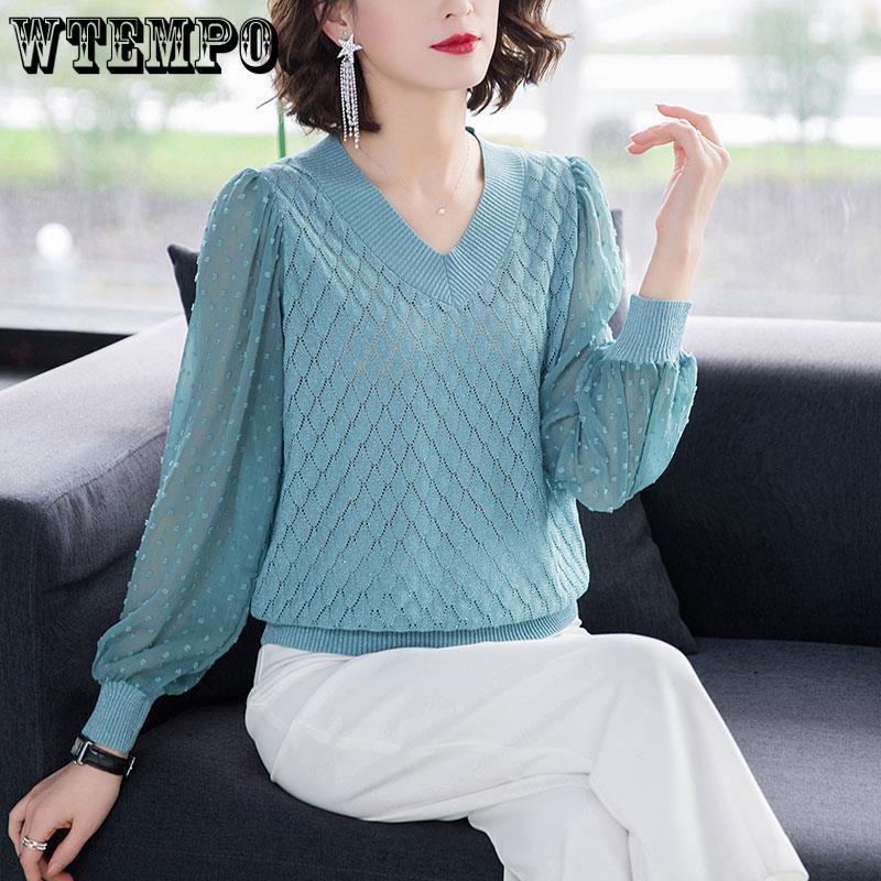 Women's V-neck Knitted Sweater Chiffon Patchwork Yarn Sleeves Autumn Loose Hollow Thin Sweater