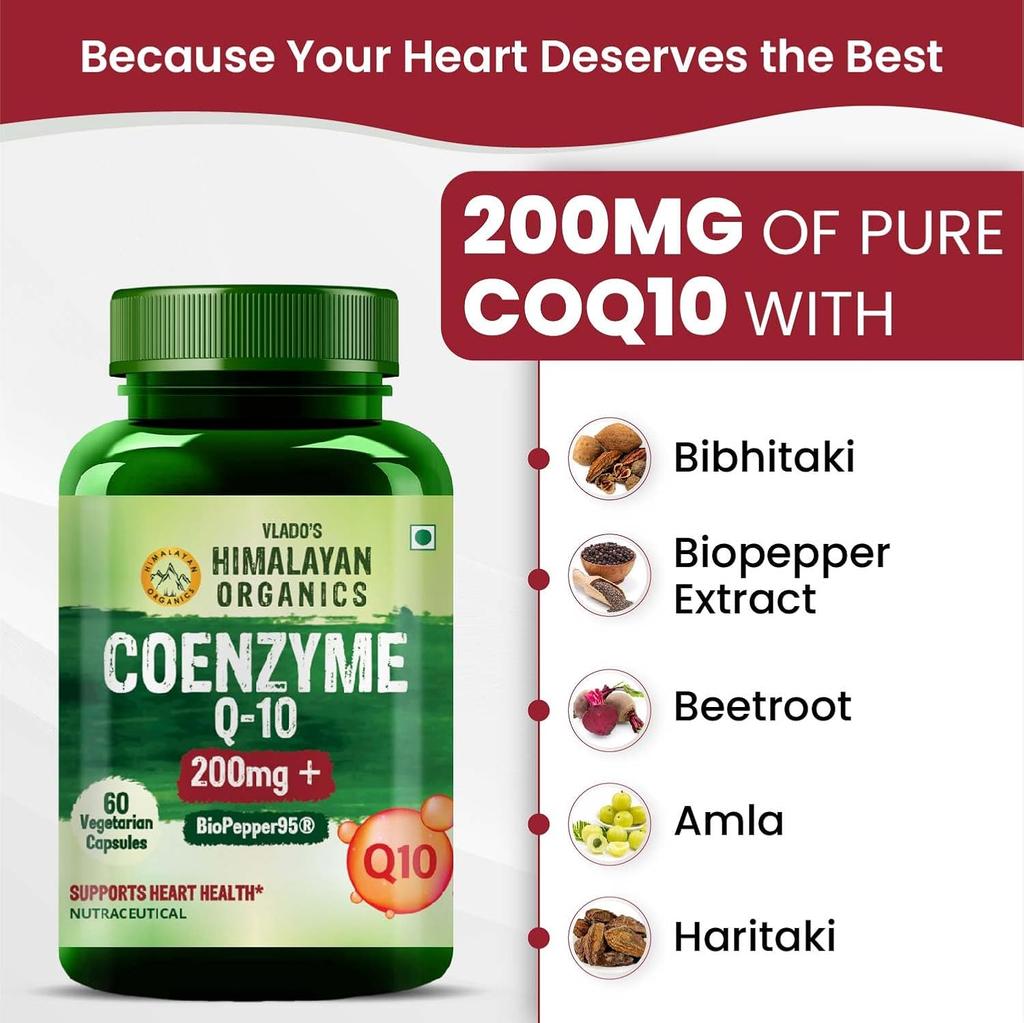 Vlado's Himalayan Organics CoQ10 200 mg Supplement With BioPepper High Absorption Energy Support Veg Capsules Pack