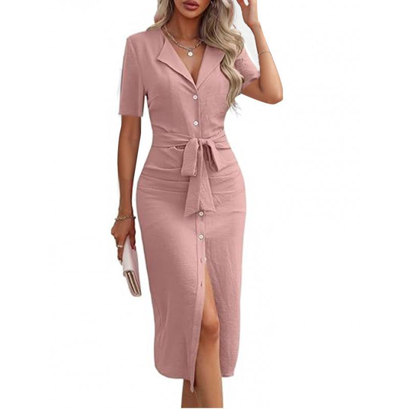 Beliebtes, einfarbiges Sommerkleid mit V-Ausschnitt, Schnürung in der Taille, temperamentvoll, geschlitztes Ende, Damen