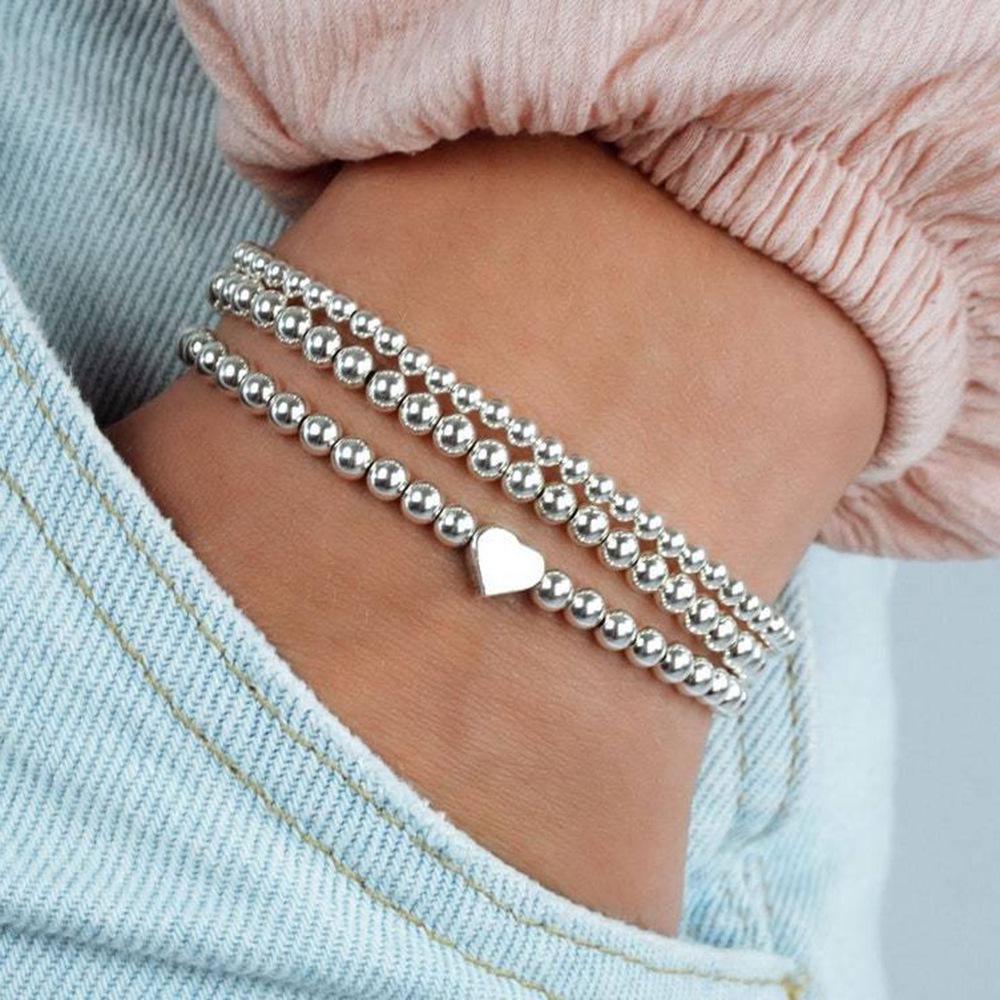 Silver Plated Heart Bead Elastic Bracelet - Unisex Jewelry