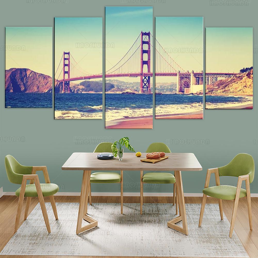 5 Piece Canvas Wall Art Vintage Golden Gate Bridge At Sunset Picture Painting Artwork USA City Poster Prints for Home Bedroom