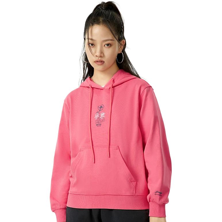Li Ning Sports Fashion Series Loose Pullover Hoodie Women hoodies Tea-Rose-Red AWDR320-5