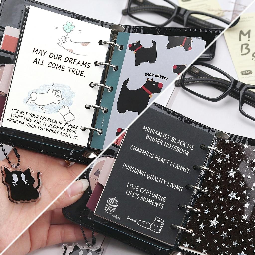 M5 Size Loose Leaf Notebook Leather Cover with Clear Window Zipper Pocket Journal for Daily Schedule Planning Scrapbooking