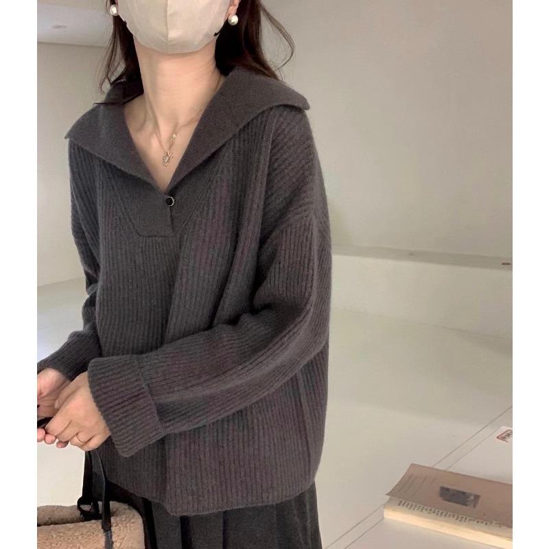 Lapel knitted sweater pullover new autumn and winter women's V-neck design sense niche loose lazy style top