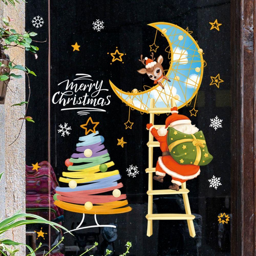 Cartoon Shopwindow Decals Santa Clause Reindeer Xmas Tree Sticker  Festival