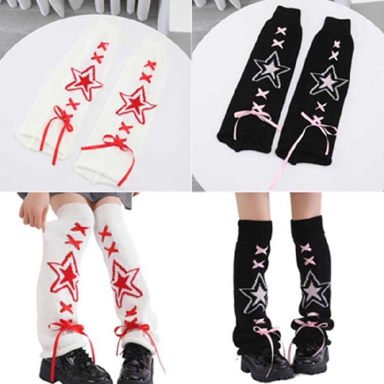 Women's Knitted Leg Warmers with Star Pattern and Ribbon Ties Harajuku Fairycore Flared Foot Covers Footless Long Socks