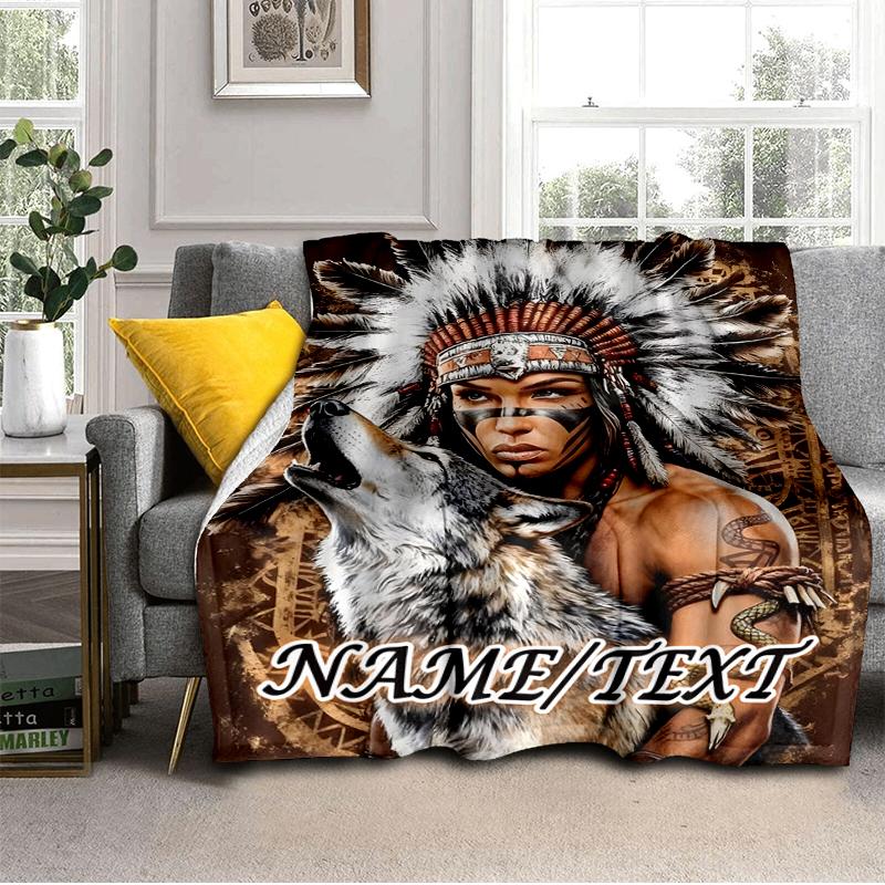 1PC Custom Name Native American Wolf Spirit Outdooor Flannel Blankets Throw Blanket All-Season Throw Gift Bedspread for Couch, Bed, Camping Holiday Bi