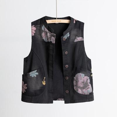 Gilet sans manches en coton pour femme, gilet en jean tricoté, surdimensionné, épais, imprimé, décontracté, boutons