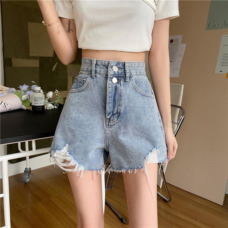 Korean Style High Waist Ripped Denim Shorts - Button-Up, Loose A-Line, Trendy Summer Fit for Women
