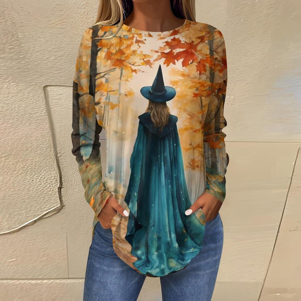 Women's Loose Fit Round Neck Long Sleeve Halloween Printed T-Shirt Vintage Irregular Hem Pullover
