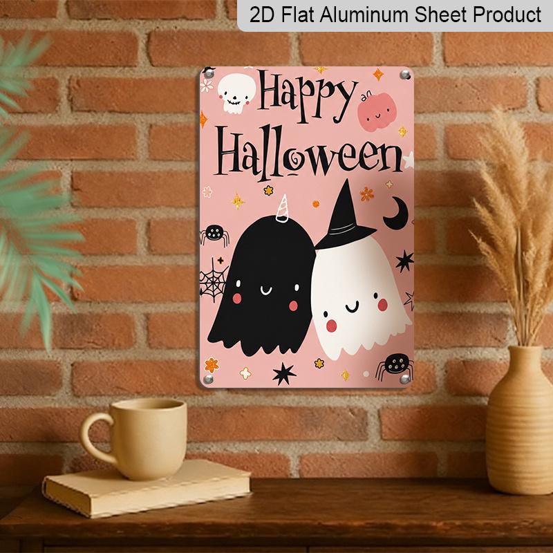 2D Flat Cute Pink Happy Halloween Ghost Metal Sign - 8.0x12.0inch Aluminum Wall Art, Soft Pastel Halloween Decor for Home, Porch - Easy Install with