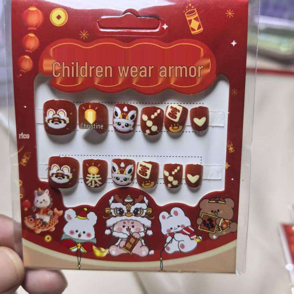 Children's Red Festive New Year Nail Stickers - Self-Adhesive Wearable Nail Art with Cat Design for Girls