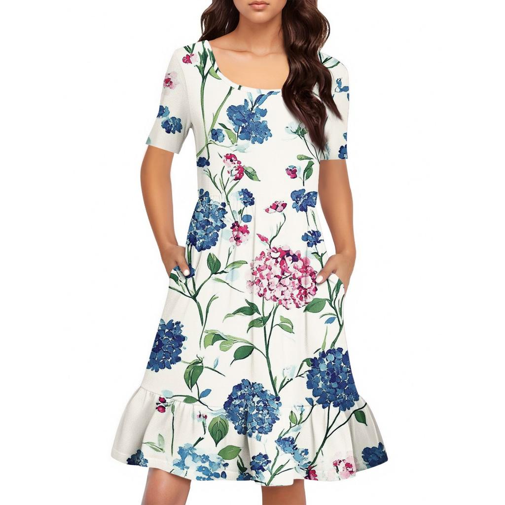 Damen Casual Rundhals Kurzarmkleid Lockeres Taillenplisseekleid Taillenplisseekleid