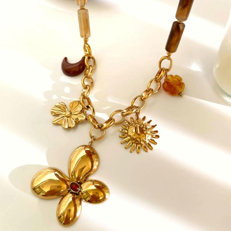 Fashionable Resin Beaded Necklace With Floral Sun Pendant Stainless Steel Neck Chain Retro Jewelry For Her