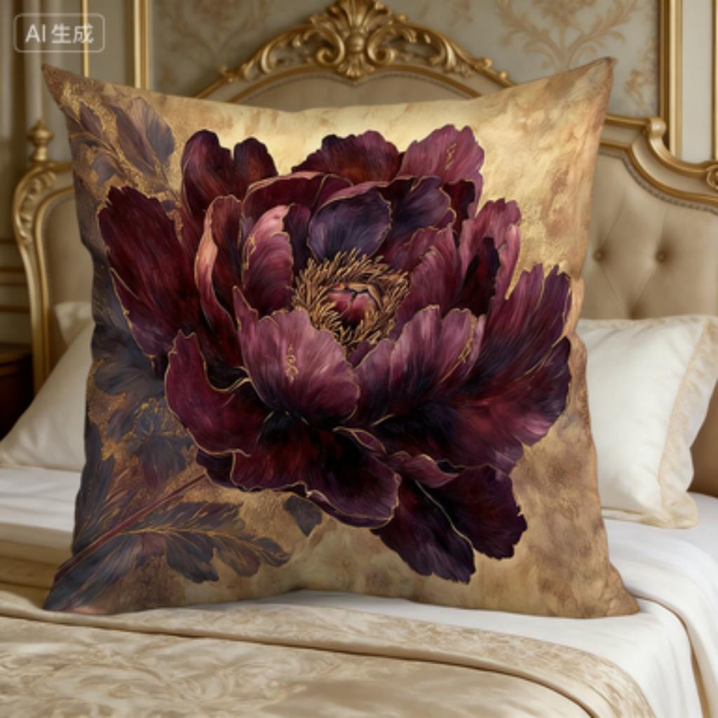 Luxury Burgundy Peony Pillow Cover Gold Foil Floral Print Cushion Case Baroque Victorian Home Decor Gift