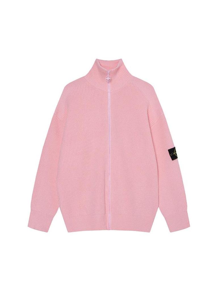 Pánský jednobarevný pletený kardigan na zip s dlouhým rukávem - Podzim/Zima