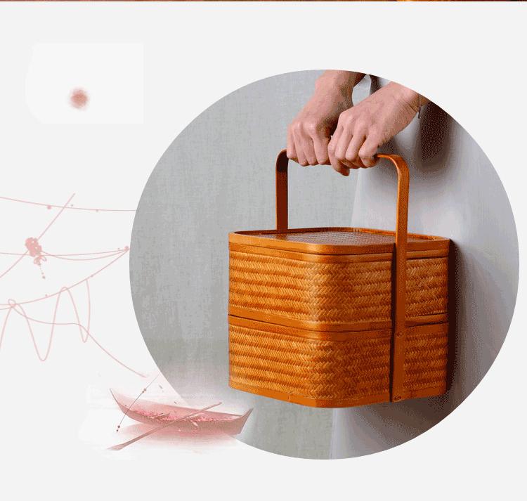Retro Bamboo Woven Basket for Tea Set Storage | Bamboo Handle Food Container | Chinese Gongfu Tea Storage Box