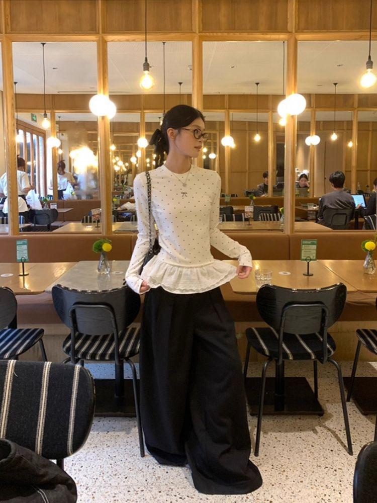 Women's Slim Fit White Polka Dot Lace Thermal Long-Sleeve Top