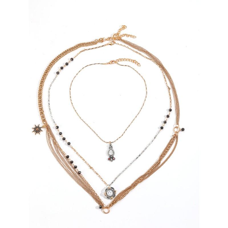 Layered Star Moon Pendant Necklace Women Zinc Alloy Gold Tone Statement Choker Chain With Tassel Detail Gold