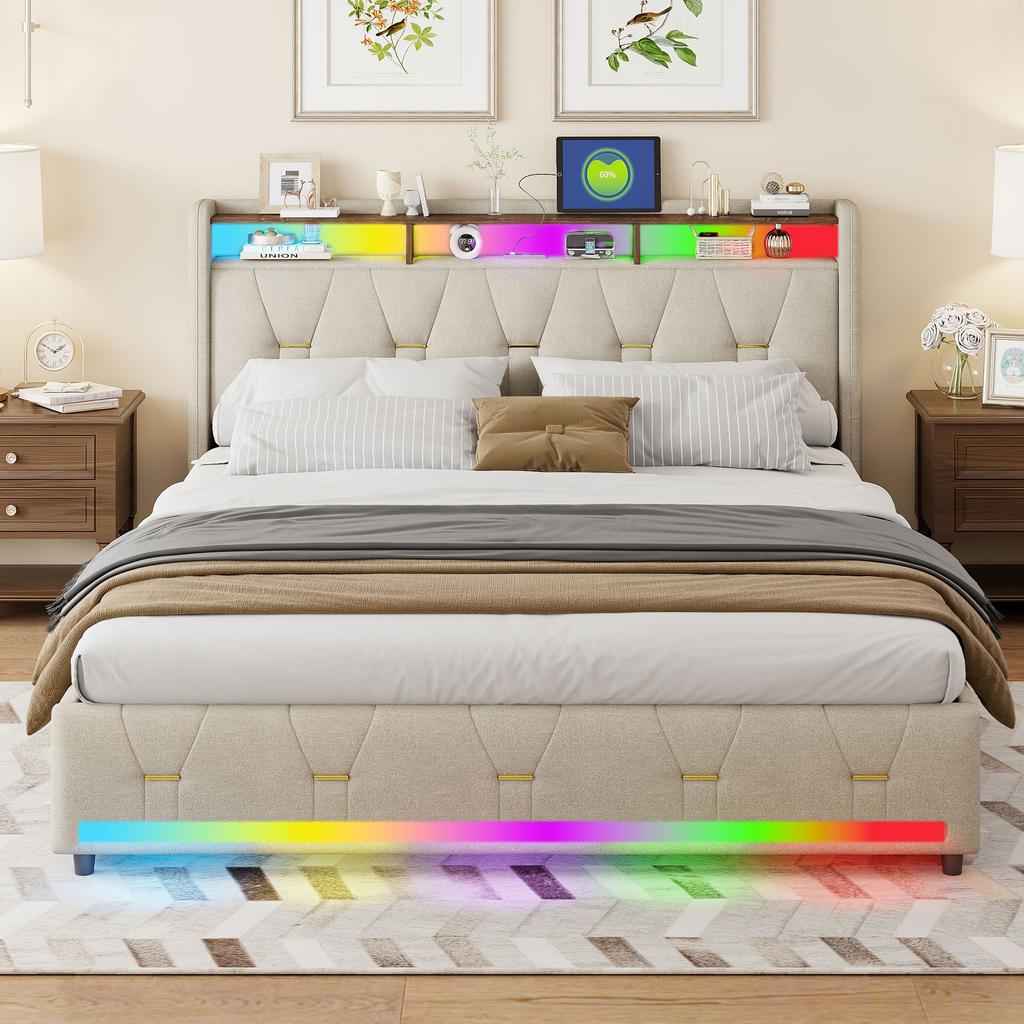 Modern Fabric Button-Tufted Bed Frame App Remote Controlled LED Ambient Light Built-in Charger 4 Under Bed Storage Drawer Basket