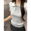 women pointelle knit polo shirt short sleeve button placket form-fitting casual solid color top