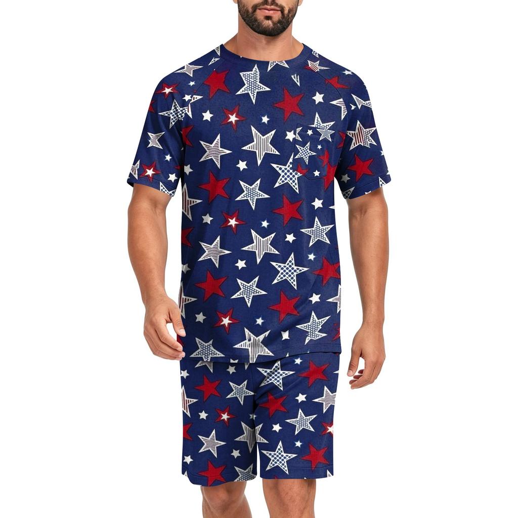 Men's Two Piece Sleepwear Set Short Sleeve Top and Shorts Lightweight Comfortable Soft Fabric Lounge Pajama Set for Summer Homewear