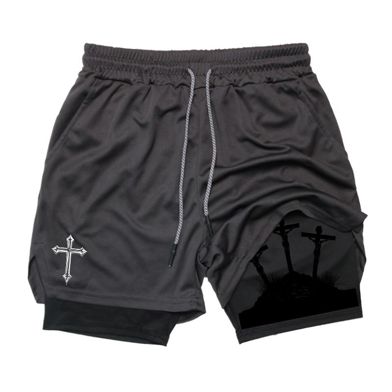 MDHAO xin nan zhuang  3D txu Kruisprint 2-in-1 Trainings- en Hardloopshorts voor Mannen Christelijk Atletisch Ademende Prestatieshorts met Telefoonvakje Handdoeklus M