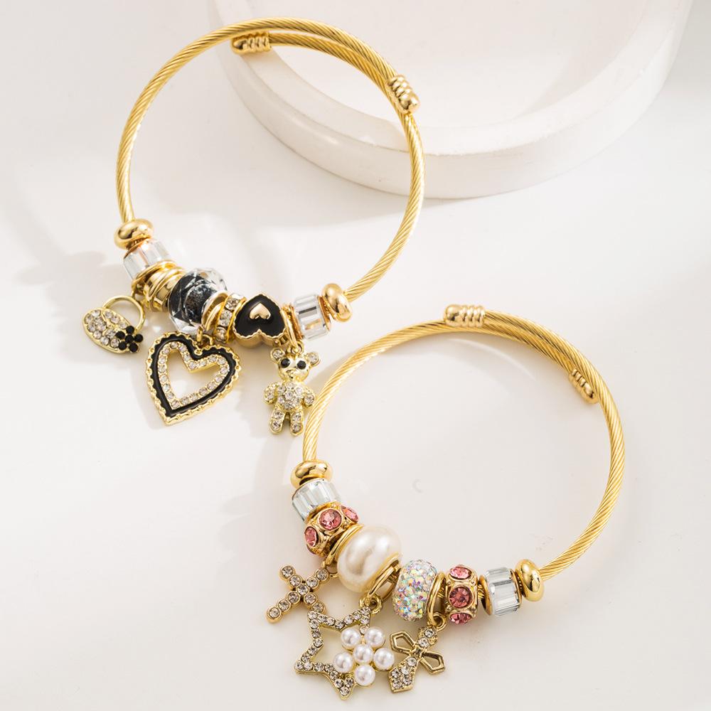 

European and American Fashion Korean Style Open Bracelet for Women Heart Cross Bear Inlaid Diamond Bracelet чорний