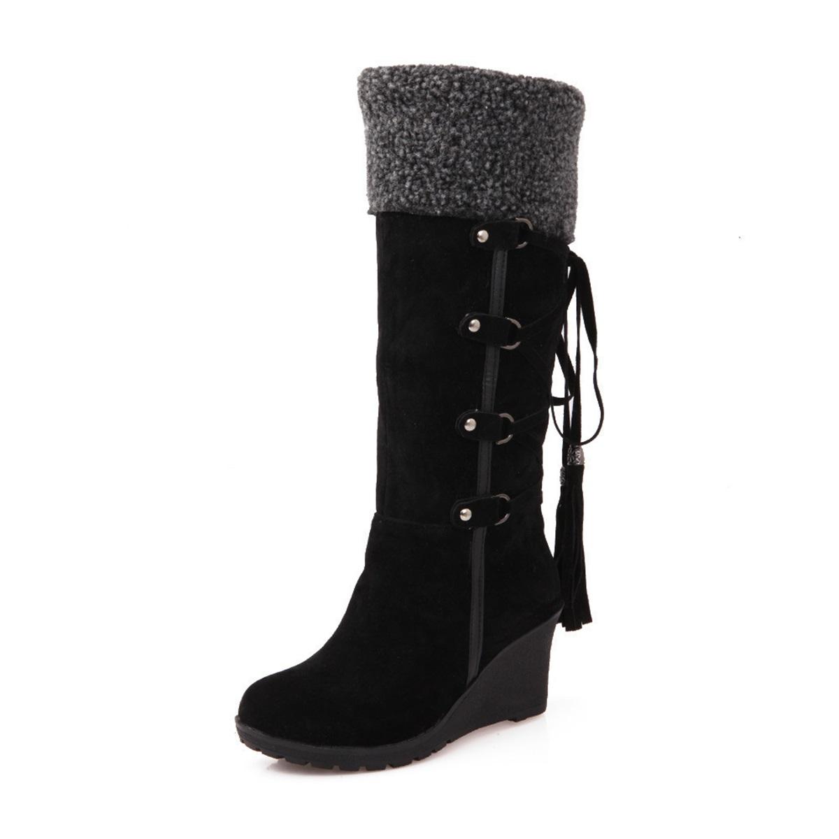 Botas de Neve Femininas de Cano Alto para Inverno Botas com Salto Anabela de Camurça Sintética Forradas com Lã Fechamento por Cadarço Decoração com Franjas Botas Altas Quentes para Senhoras 38 preto