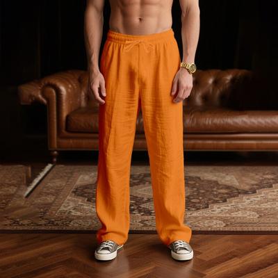 Herren Sommer Leinenhose Orange Lockerer Schnitt Kordelzug Taille Freizeit Gerade geschnittene Hose