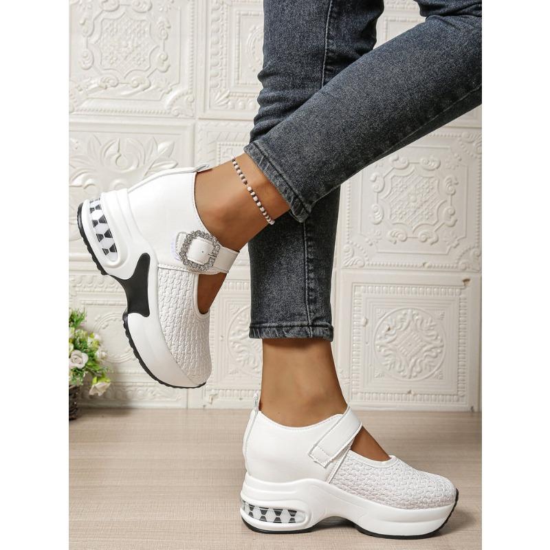 Damen Übergröße Plateau Strassbesatz Slipper Herbst Neu Europäisch Amerikanischer Stil Ein Riemen Schnalle Keilschuhe