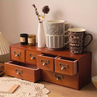 1pc 6 Drawers Retro Wooden Desktop Spice&coffee&medicine&items Drawer Shelf,Office&Home&study Room Storage Organizer Cabinet.