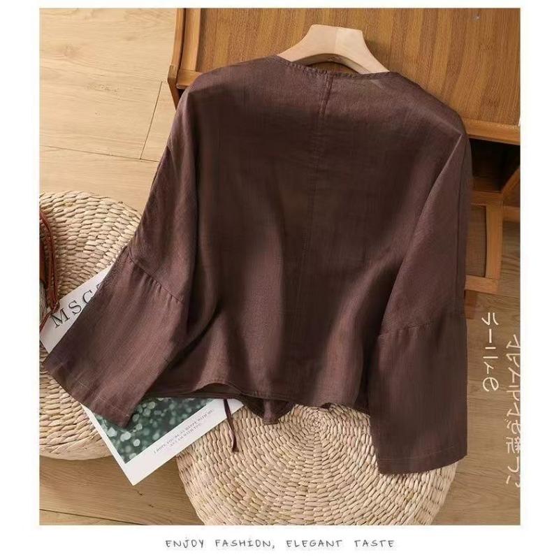 Camisa Top Casual de Verão Fina Cor Sólida Estilo Chinês com Cadarço