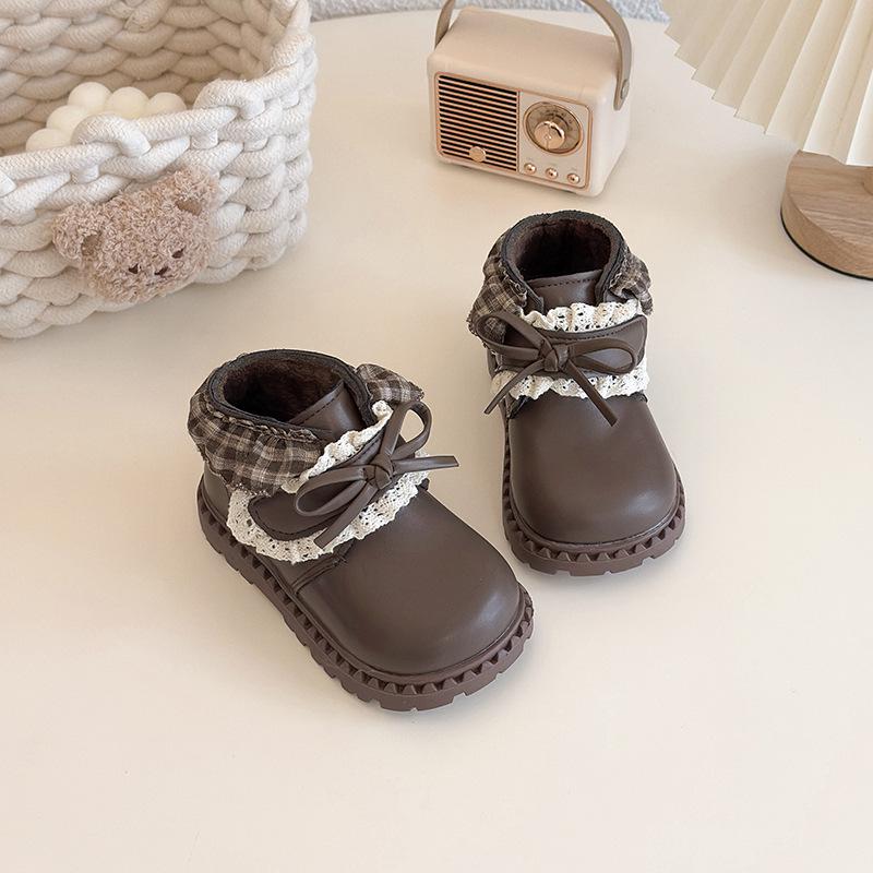 Kore Retro Kız Çocuk Siyah Kışlık Deri Ayakkabı 2025: Lolita Bebek Fiyonklu Pamuklu Kısa Botlar