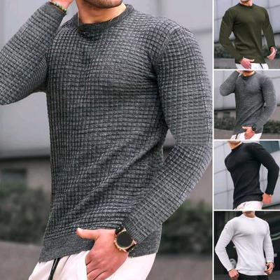 Men Spring Top 3D Checked Texture O Neck Slim Fit Long Sleeve Bottoming Clothes Solid