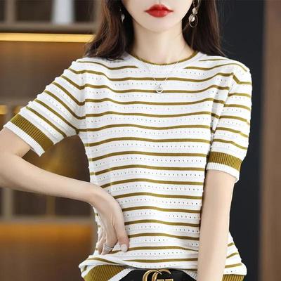 Camiseta Feminina Listrada Vintage de Verão Manga Curta Vazada Elegante Tricô Pulôver
